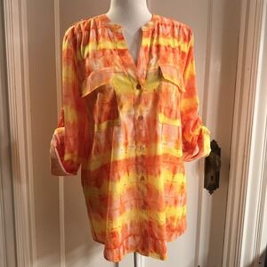 Calvin Klein Womens Coral Yellow Tie Dye Button Up Blouse Size M